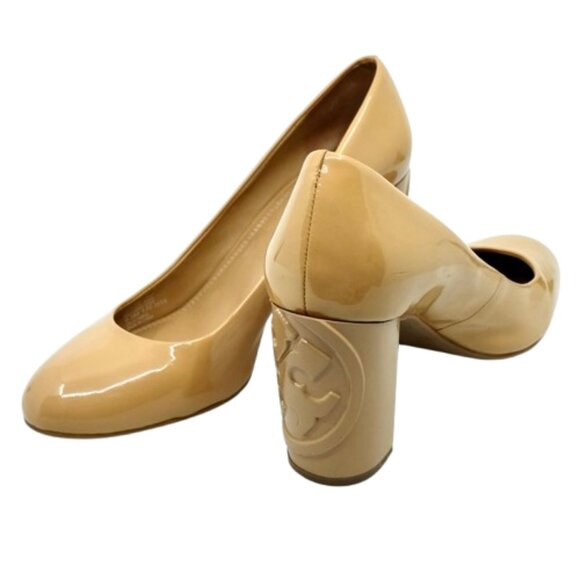 Tory Burch Shoes - TORY BURCH~Multi Logo Pump~BLOCK LOGO WRAPPED HEEL BEIGE PATENT LEATHER SHOE 9.5